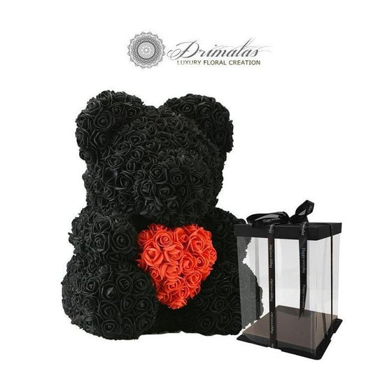 Αρκουδάκι Μαύρο Κοκκίνο  από Τεχνητά Τριαντάφυλλα σε Κουτί Αρκουδάκι=34cm